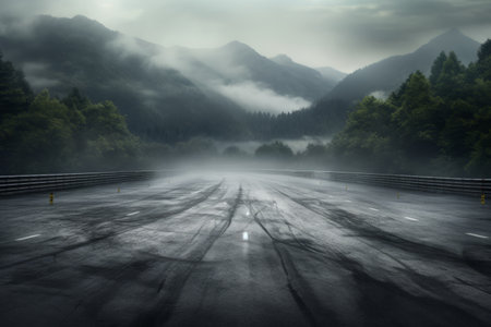 Foggy Day: Exploring the Enchanting International Circuit on Asphalt Ground and Mountain Nature Landscapeの素材