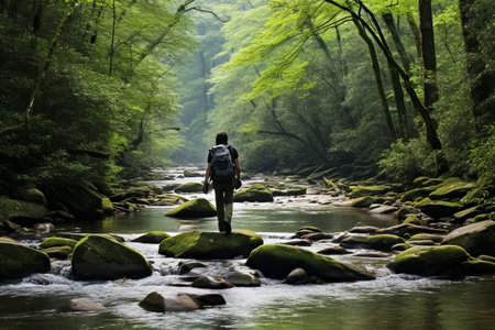 Stepping into Serenity: Hiker's Adventure Crossing Jakes Creek in Great Smoky Mountains National Parkの素材