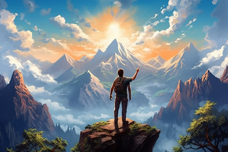 Serenity Amidst Stunning Nature: A Blissful Man in Majestic Mountain Sceneryの素材