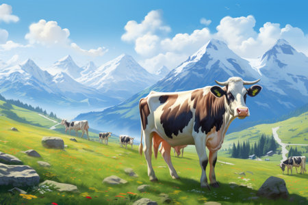 A Serene Symphony: Cows Grazing in the Hills Amidst Spring's Splendorの素材