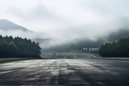 Exploring the Enchanting International Circuit: Fog-Enveloped Mountain Landscapes and Asphalt Groundsの素材
