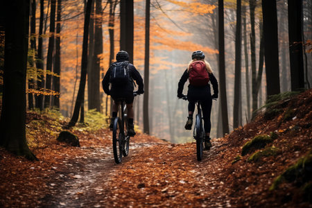 Exploring the Scenic Autumn Forest on Bikes: Adventures of a Mountain Biker Coupleの素材
