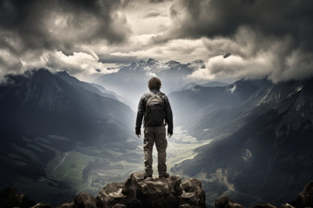 Conquering New Heights: A Male Hiker's Majestic Stand Above the Cloudsの素材