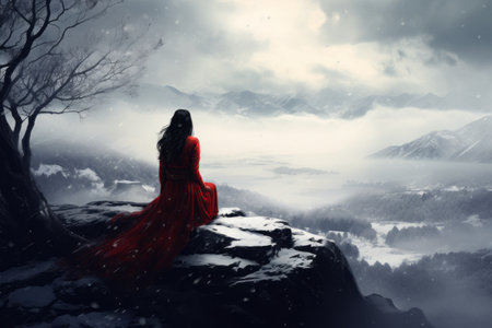 Solitude Amidst Winter's Embrace: Lonely Women on the Mountainの素材