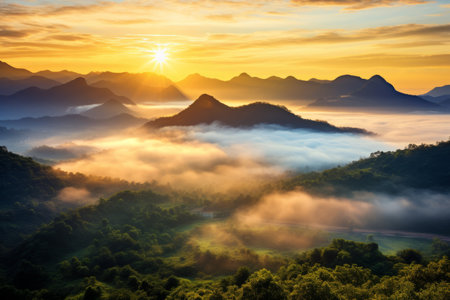 Majestic Morning Views: Sunrise Mist and Mountain Range at Phu Lang Ka National Park, Phayao, Thailandの素材