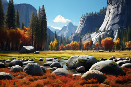 A Vibrant Symphony of Meadows, Trees, and Rocks Bathed in Magnificent Colors of Natureの素材