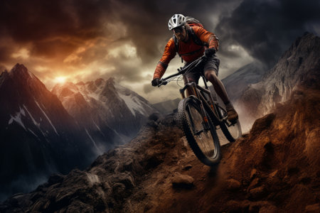 Embracing the Challenge: A Man Conquers the Mountain Path on his Trusty Mountain Bikeの素材