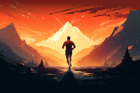 Embracing Serenity: A Man's Journey Jogging Under the Majestic Mountainsの素材