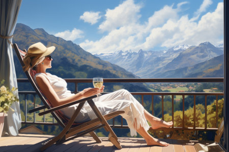 Serene Bliss: Middle-Aged Woman Unwinding with Majestic Mountain Vistas on a Sun-kissed Balconyの素材