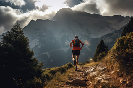 Conquering the Peaks: Adventurous Man Trail Running through Majestic Mountainsの素材