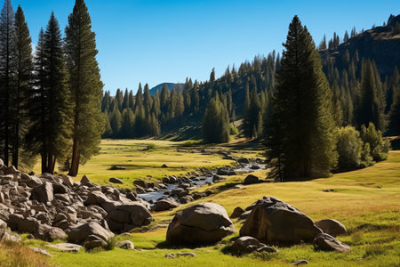 A Vivid Tapestry of Nature: The Majestic Beauty of Meadow, Trees, and Rocksの素材