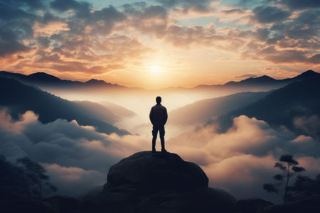 The Contemplative Guardian: A Silhouette of a Thoughtful Boy on a Misty Mountain at Sunsetの素材