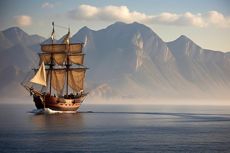 Sailing Through History: A Majestic Merchant Ship's Journey across the Strait of Gibraltar near Jebel Musa Mountain in Morocco, North Africaの素材