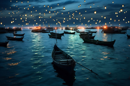 Serene and Tranquil Evening at Sea: A Mesmerizing View of Fishing Boats Amidst Overcast Lightの素材