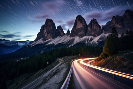 Starry Night Serenity: Captivating Car Light Trails and Milky Way Magic in the Dolomitesの素材