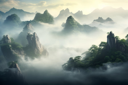 Majestic Peaks and Mystic Haze: Embracing the Mountain and Mist at the Skylineの素材