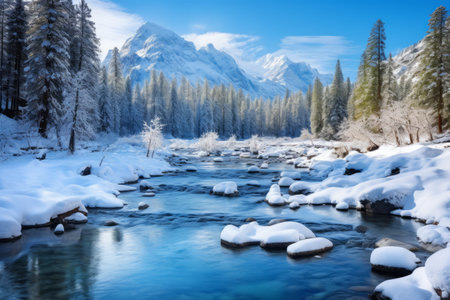 Majestic Serenity: A Winter Wonderland - Mountain River Reflecting Nature's Beautyの素材