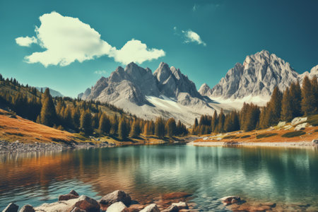 Vintage Charm: Exploring the Serene Mountain Lake in the Italian Alpsの素材
