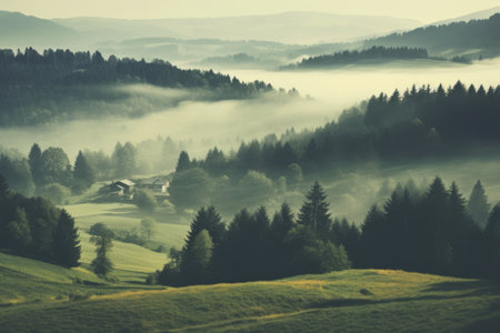 Majestic Mountain Landscapes: Enchanting Multilevel Fields and Forests in Slovakia, Cloaked in Mist and Captured with a Vintage Retro Film Lookの素材