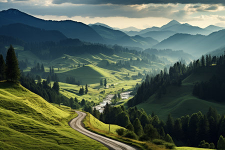 Journey Through the Enchanting Mountain Road Along the Ukrainian Carpathian Mountains and Riverの素材