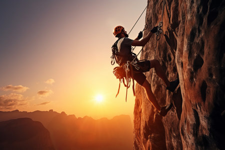 Conquering the Heights: A Muscular Climber Embraces the Thrill of Abseiling Against a Mesmerizing Sunsetの素材