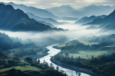 Mystical Allure: Exploring the Enchanting Trio of Mountains, Lakes, and Early Morning Fogの素材
