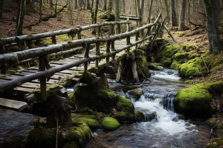 Enchanting Beauty in Taevaskoja Valley: Exploring an Old Wooden Bridge amidst Pristine Waters and Serene Surroundings in Estoniaの素材