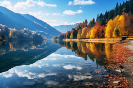 Vibrant Autumn Colors: A Serene Lakeside View Amidst Colorful Fall Trees and Majestic Mountainsの素材
