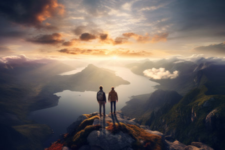 Awe-inspiring View: People Admiring the Sea from the Mountain Summitの素材