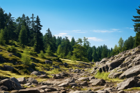 The Majestic Serenity of a Natural Summer Landscape: Ignite Your Senses with Igneous Rock Stones, Evergreen Coniferous Forest, Distanced Rocks, and Endless Blue Skiesの素材