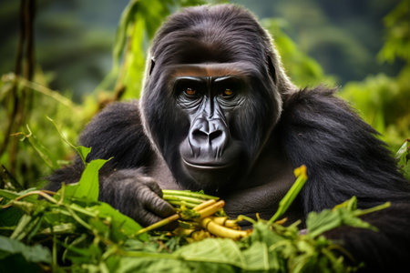 Majestic Moments: Capturing a Mountain Gorilla's Feast in Bwindi National Forest, Ugandaの素材