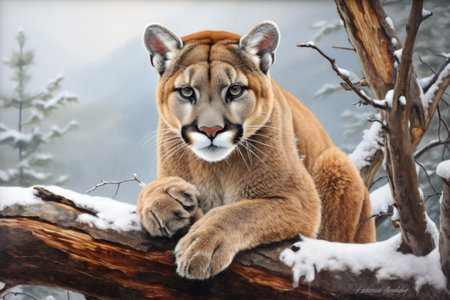 Majestic Encounter: A Winter Scene of a Striking Cougar Posing on a Fallen Tree in the Enchanting Woodsの素材