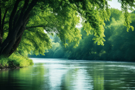 Nature's Serenity: A River Flowing amid Lush Green Trees, Offering Abundant Copy Spaceの素材