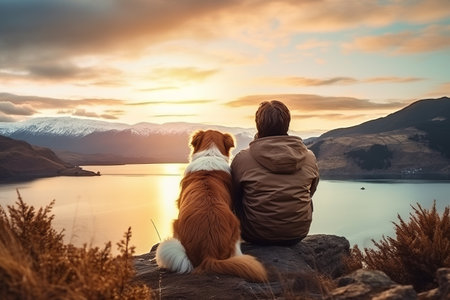Unforgettable Bond: A Serene Sunset by the Magnificent Mountain Lake, Celebrating a Traveler's Joyful Journey with Beloved Pet Companionsの素材