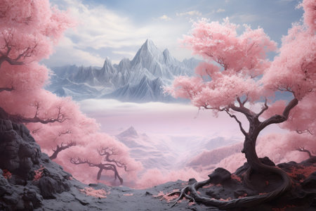 Enchanting Elegance: The Pink Trees of the Majestic Mountainsの素材