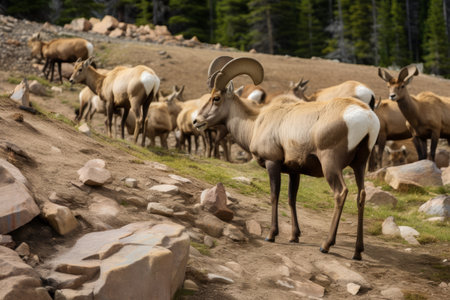 Graceful Encounters: Rocky Mountain Big Horned Sheep and Grazing Elk in Majestic Coloradoの素材