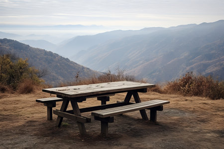 Solitude Amidst Nature: An Empty Picnic Table in the Tranquil Mountains of Abetone, Tuscanyの素材