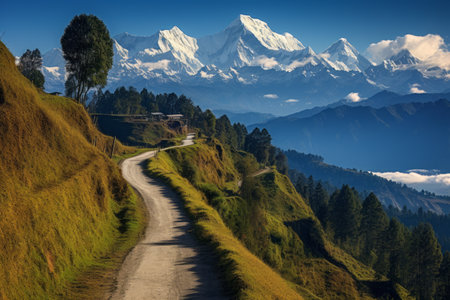 Majestic Snow-capped Kanchenjunga: A Scenic Mountain Road Amidst Pine Trees in Tinchuley, Darjeeling, Indiaの素材