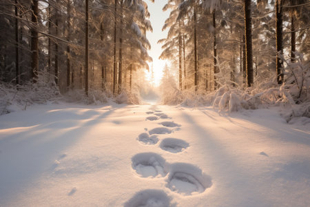 Tracking the Trails: Human Footprints Found in Fresh Winter Snow in Forestの素材