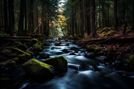 Mystical Flow: A Serene Long Exposure of a River in the National Forestの素材