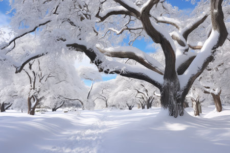 Winter Wonderland: Majestic Snow-Covered Trees Adorned with Glistening Snowfall in Australian Parkの素材