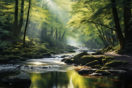 Glimmering Tapestry: The Enchanting Backlit Running River in the Serene Forestの素材