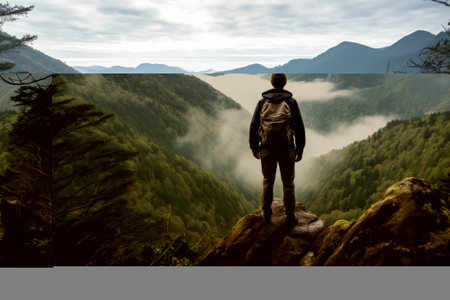 Majestic Solitude: A Single Hikerâs Journey Amidst Misty Mountain Peaksの素材