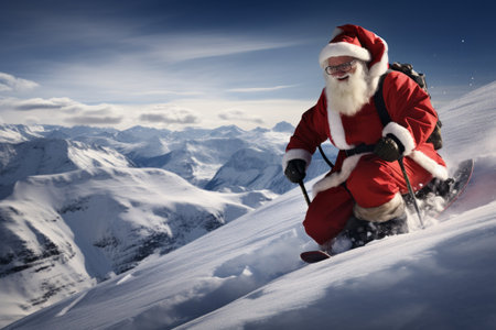 Majestic Sledging Adventure: Santa Claus Embraces Alpine Winter Wonderland with Blurry Rock Sceneryの素材
