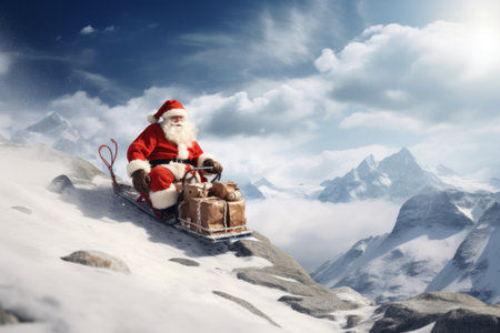 Winter Wonderland: Santa Claus Sledging Through the Enchanting Alpine Landscape, with Blurry Foreground Rocksの素材