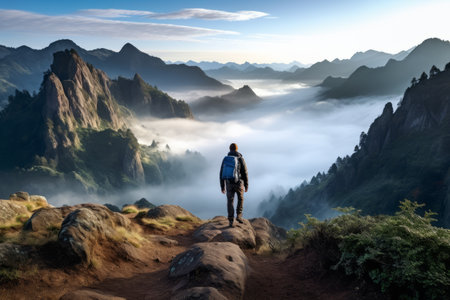 Majestic Solitude: A Single Man's Adventurous Journey through Misty Mountain Trailsの素材