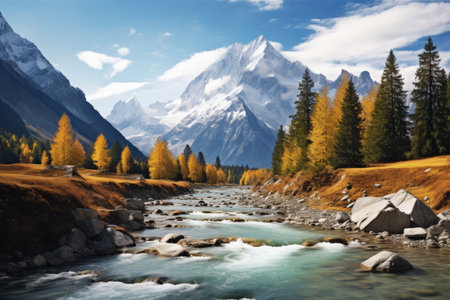 A Mesmerizing Autumn Landscape: Majestic Trees, Serene River, and Snow-capped Mountainsの素材