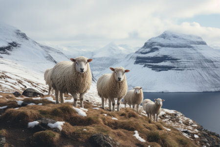Sheep Illuminating the Snowy Peaks of the Faroe Islandsの素材