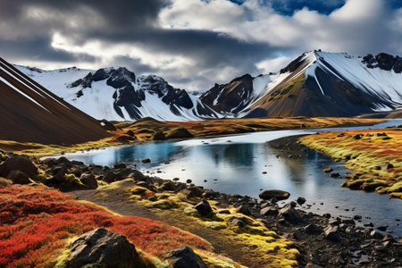Majestic Autumn Transformation: Snow-Clad Landmannalaugar Mountains Reflecting on Frostastadavatn Lake in the Icelandic Highlandsの素材