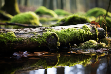 Mystical Tranquility: Enchanting Mossy Log Amidst Rustic Woodland Reflectionの素材